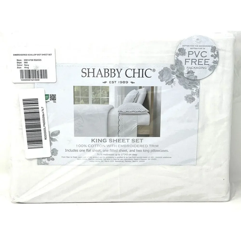 Shabby Chic Embroidered King Sheet Set Scallop Dot Navy Blue White 100% Cotton